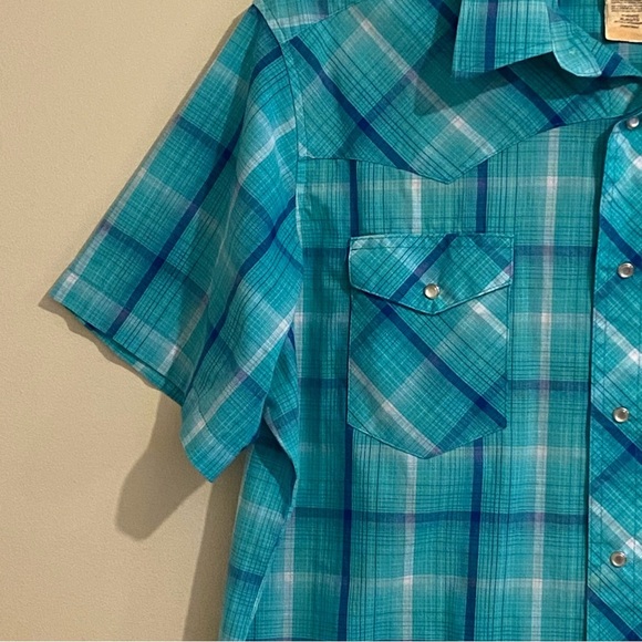 Wrangler Shirt Men's Size XL Western Plaid Pearl Snaps Short Sleeve Teal - Picture 6 of 10